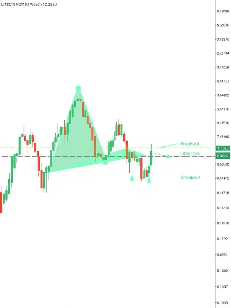 A visual representation of CryptoInsights' pattern recognition tool identifying a bullish flag pattern on a Litecoin chart. The tool highlights the pattern and provides potential breakout targets.